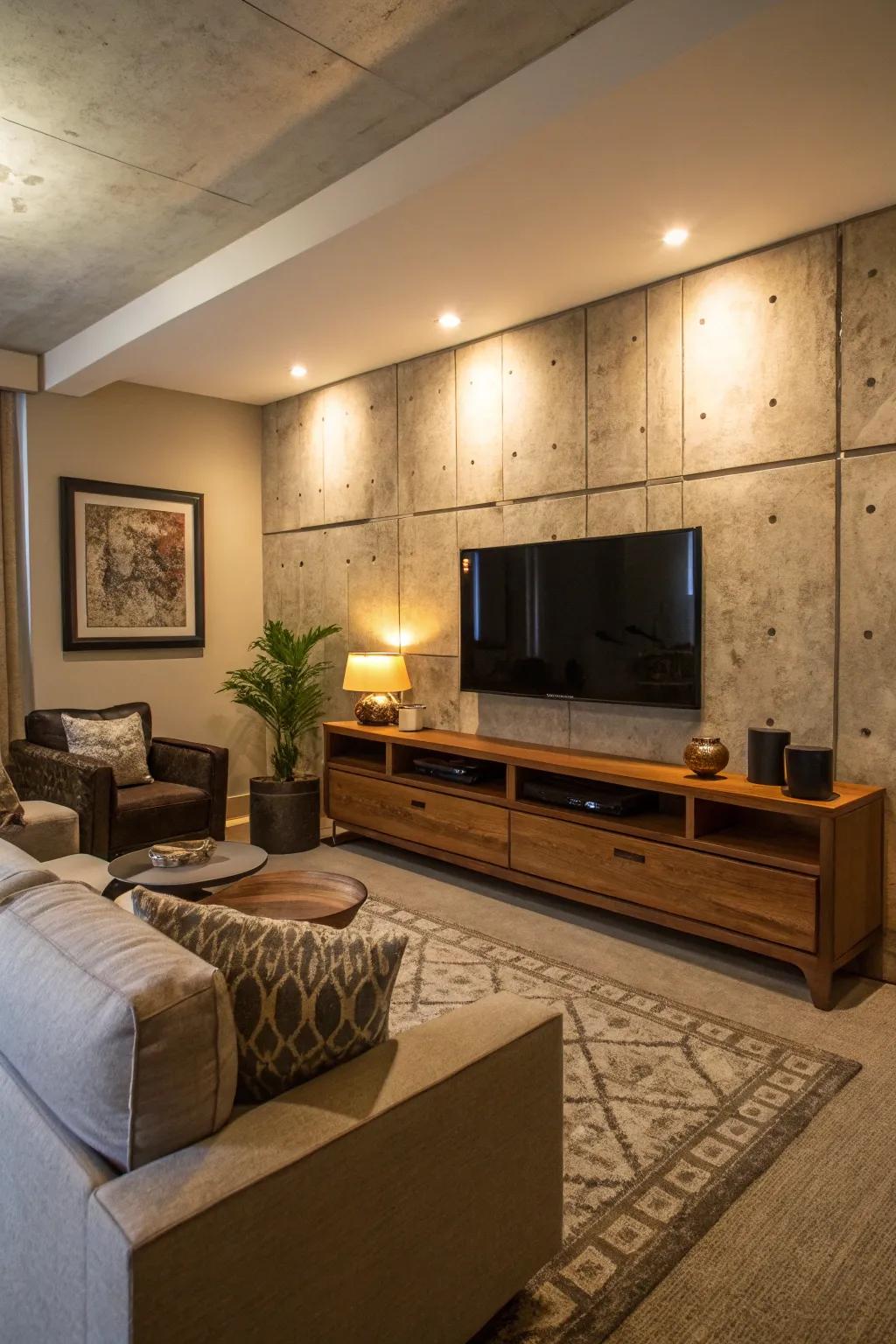 A warehouse-inspired TV wall featuring concrete finishes.