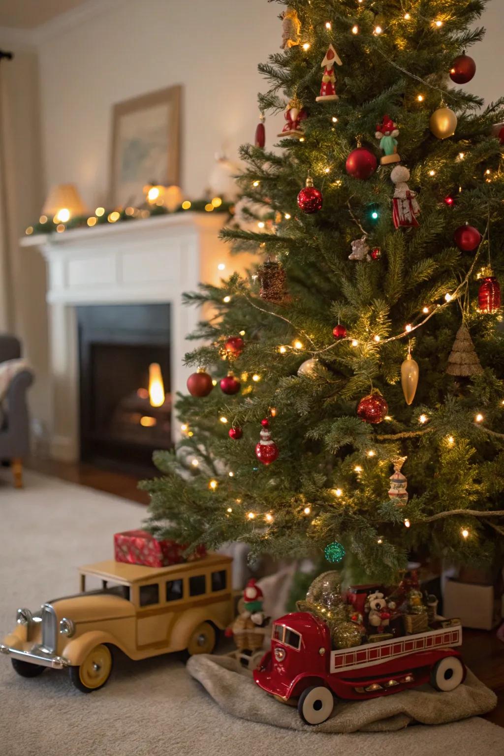 Vintage toys nestled among branches evoke nostalgia.