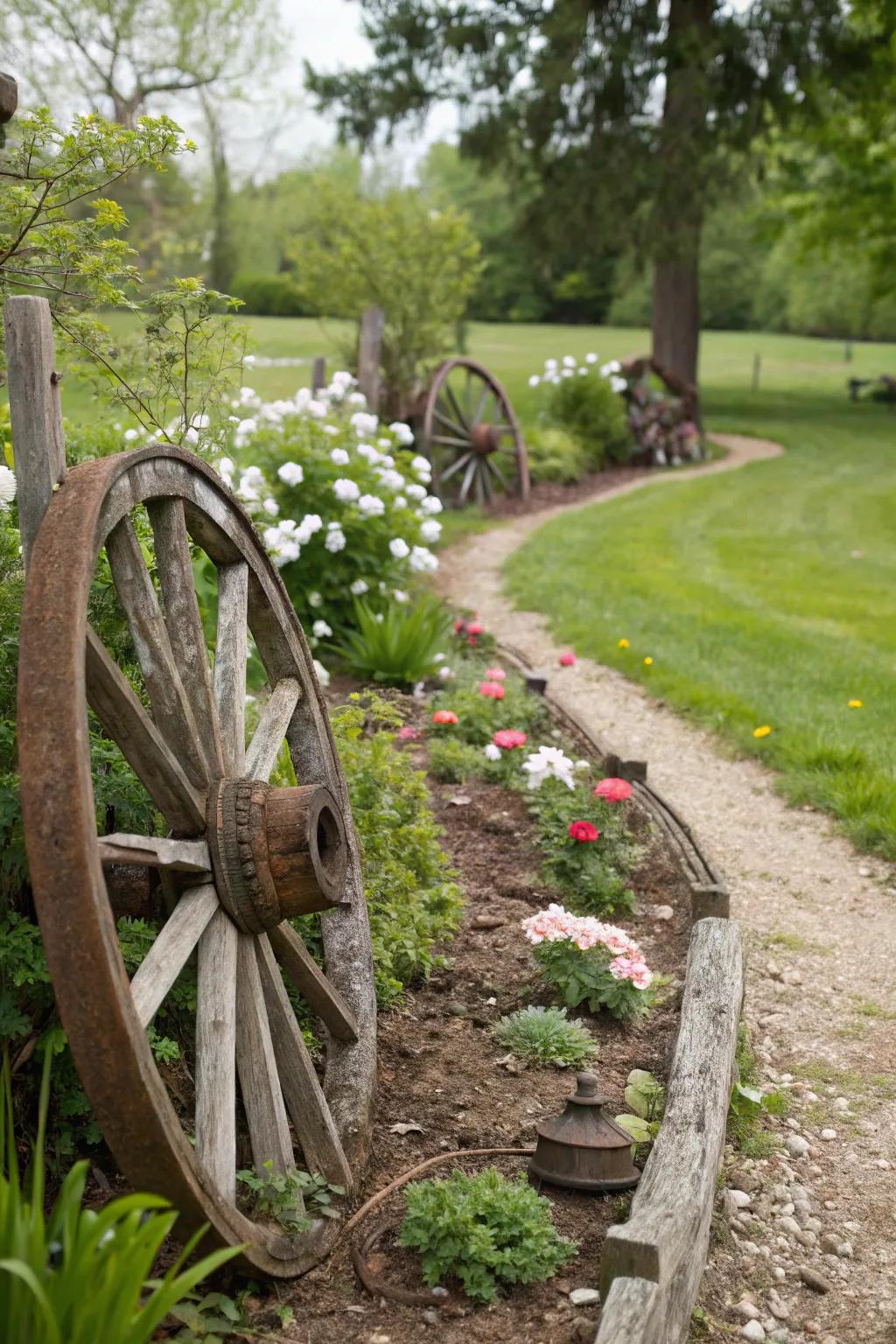 Half-buried cartwheels lining a garden pathway, offering whimsical guidance.