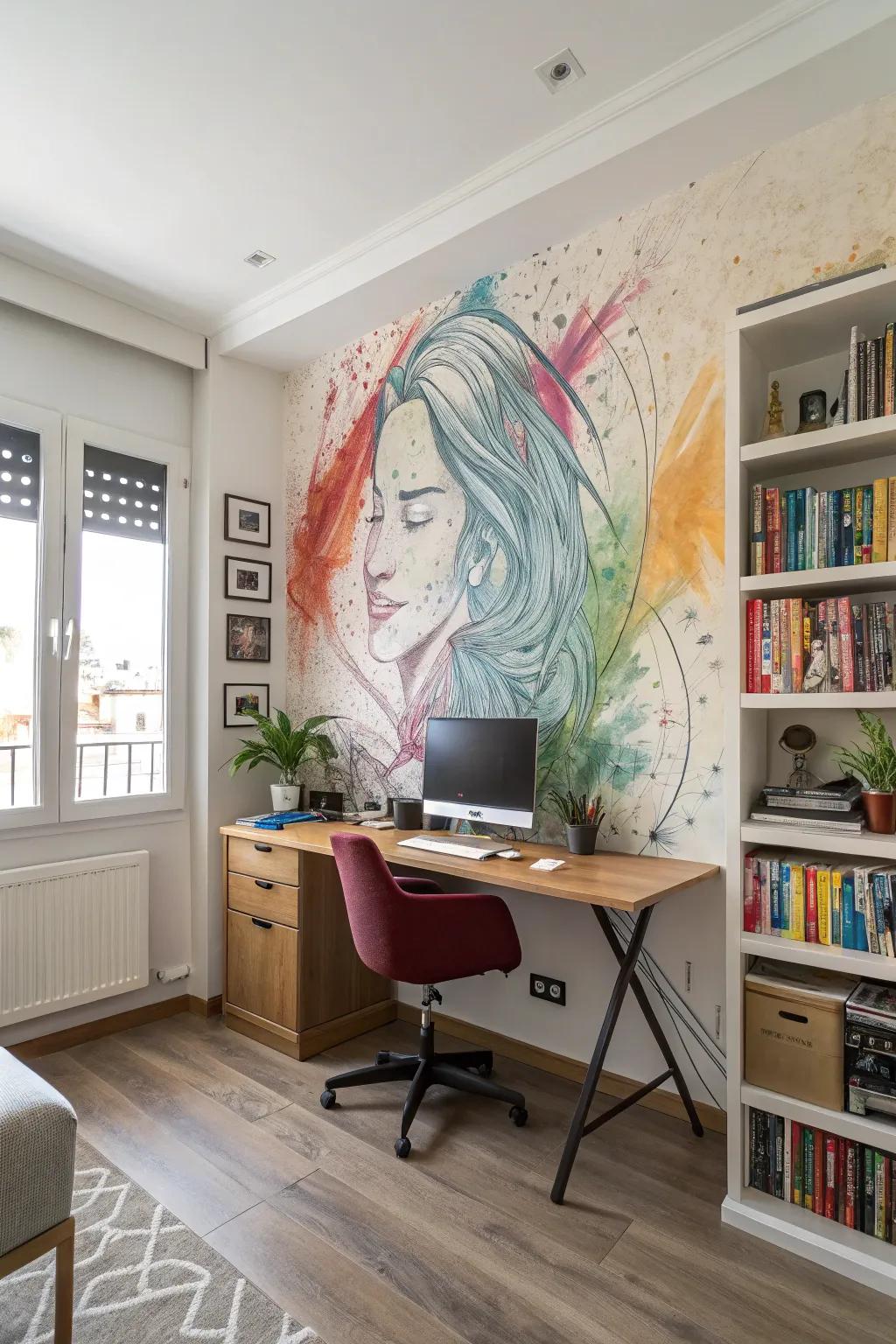 Express your personality with an artistic mural in your home office.