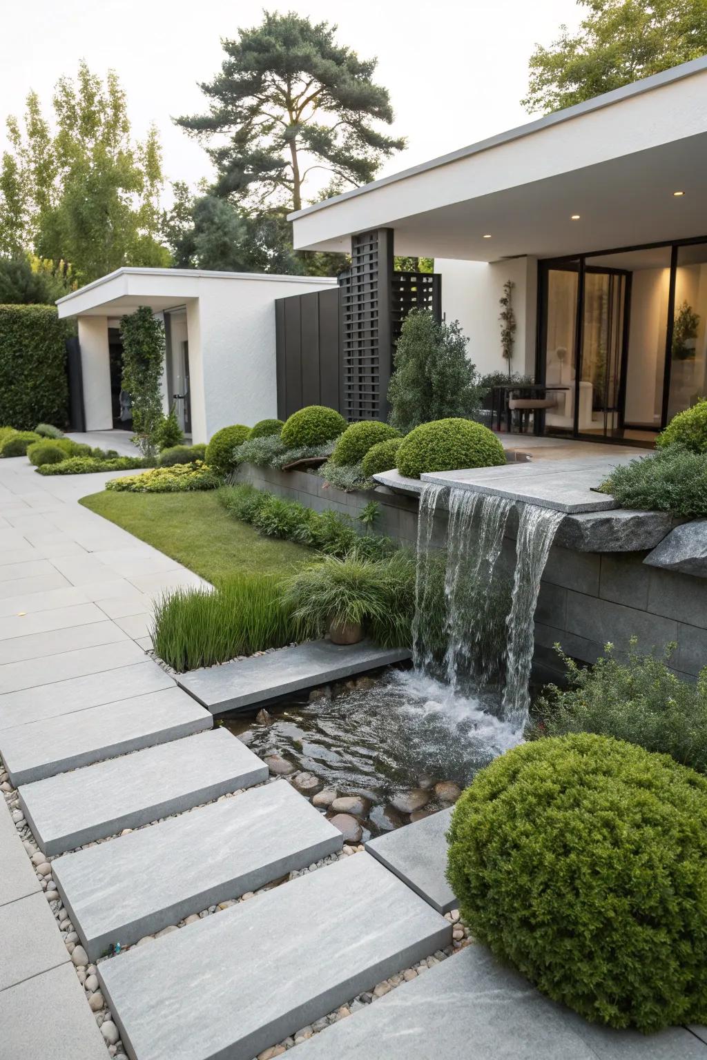 A minimalist stone waterfall offers a clean and modern aesthetic.