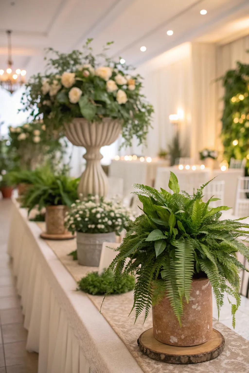 Potted flora infuses vitality and sustainability into wedding ornamentation.