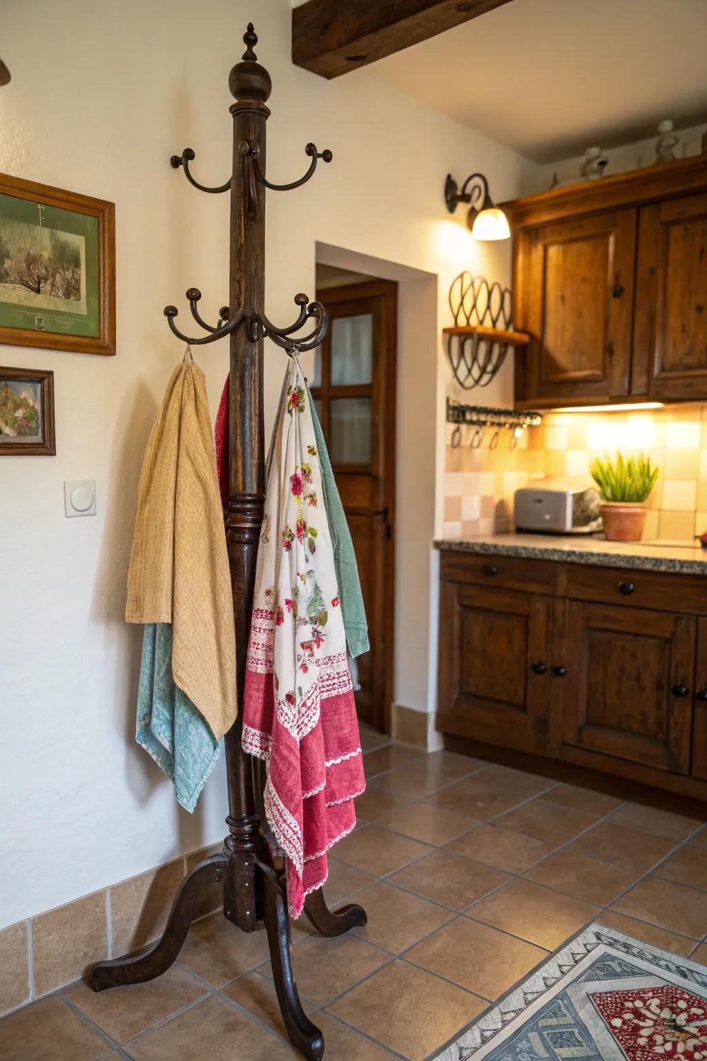 Transform a coat hanger into a distinctive kitchen towel holder for a vintage touch.