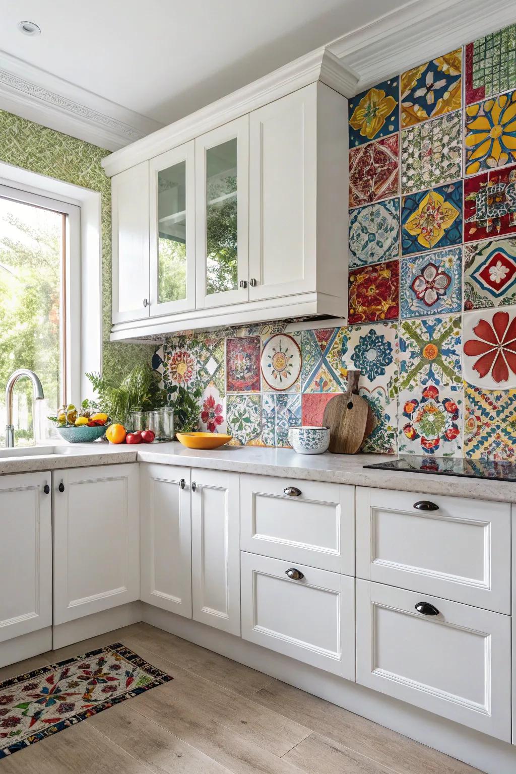 Assorted tile motifs enriching white cabinets with a touch of character.