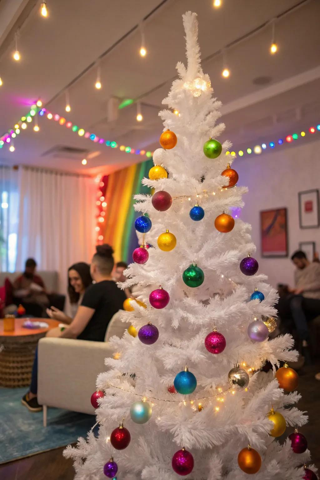 Playful rainbow colors on a white Christmas tree.