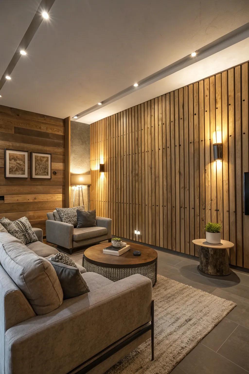 Craft atmosphere through integrated lighting in timber slat walls.