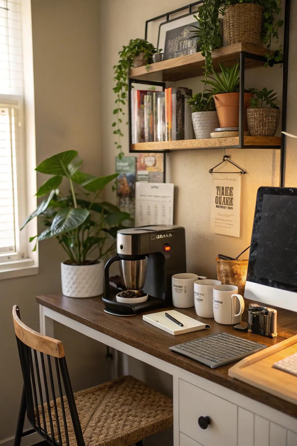 A coffee station adds convenience.