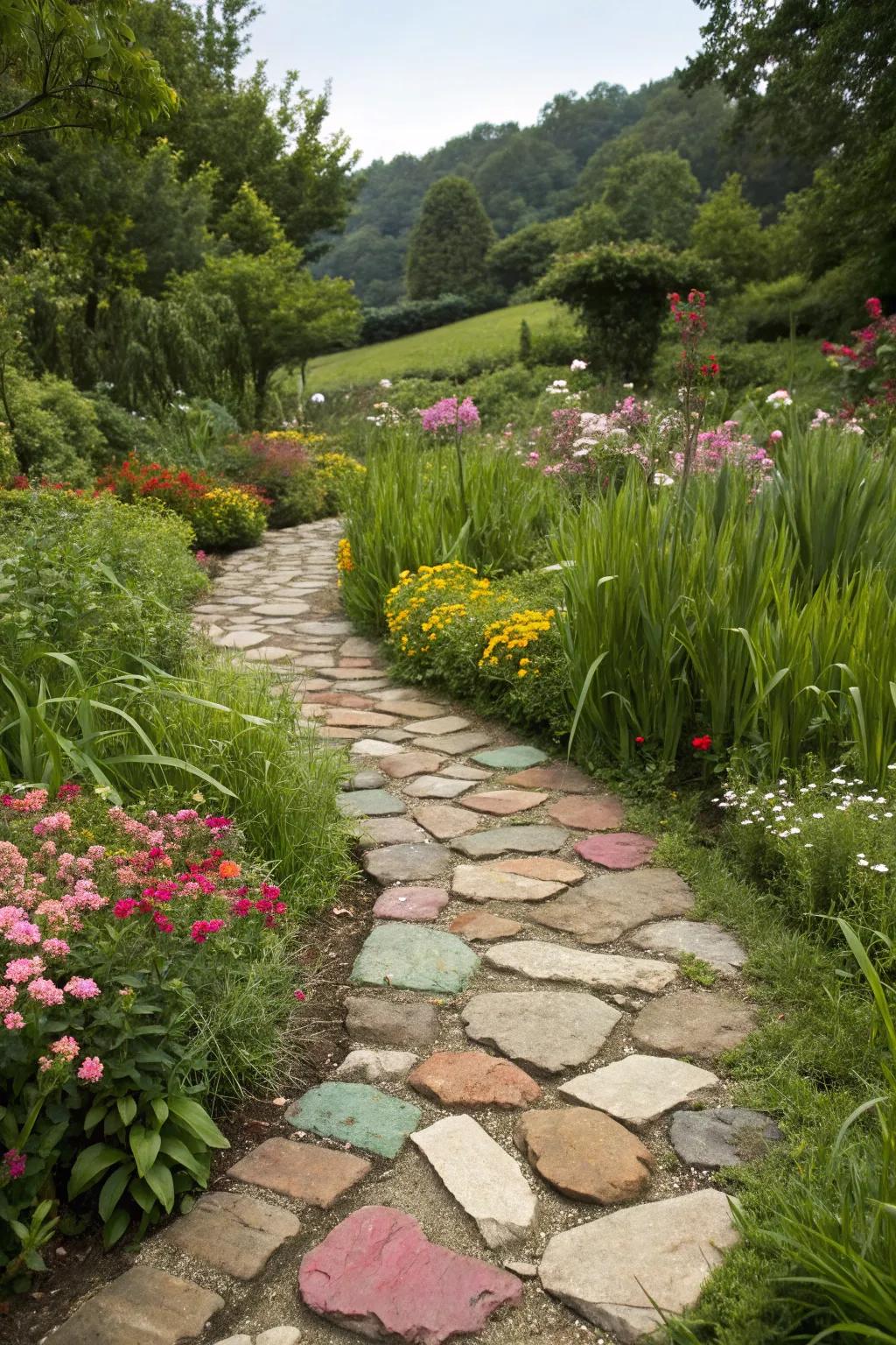 A colorful garden path invites exploration and adds charm.