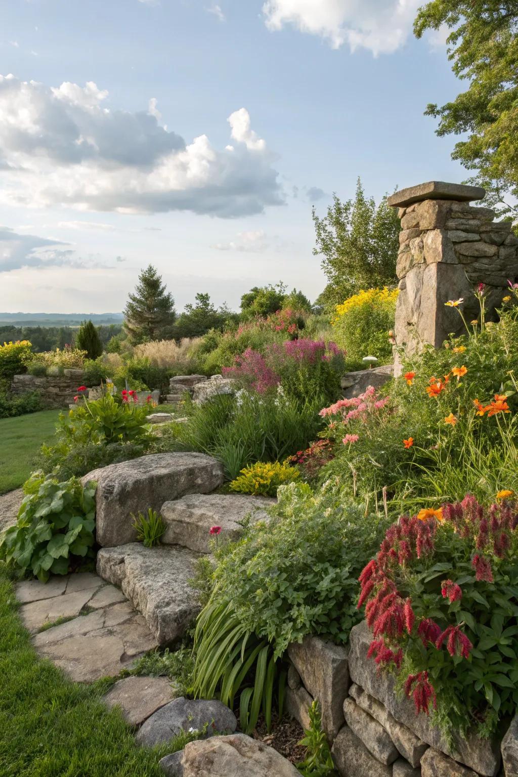 Stone features enhance the organic feel of the landscape.