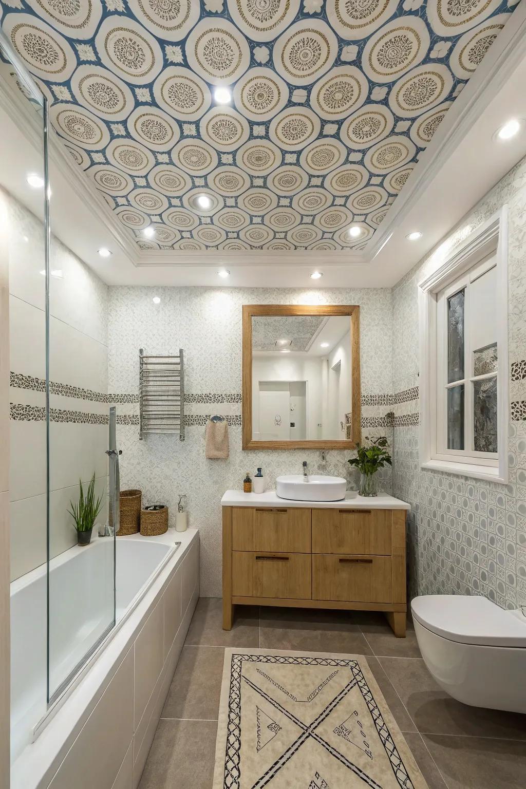 Creative ceiling designs adding height and interest to the bathroom.