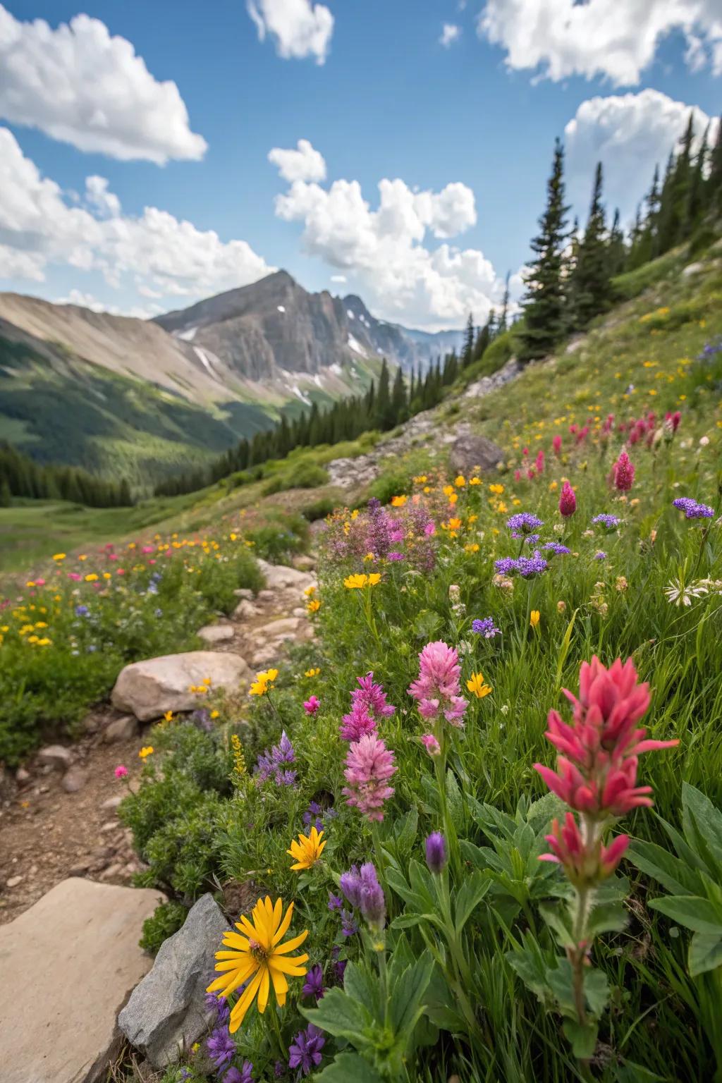 A vibrant patch of wildflowers adds a hint of wildness.