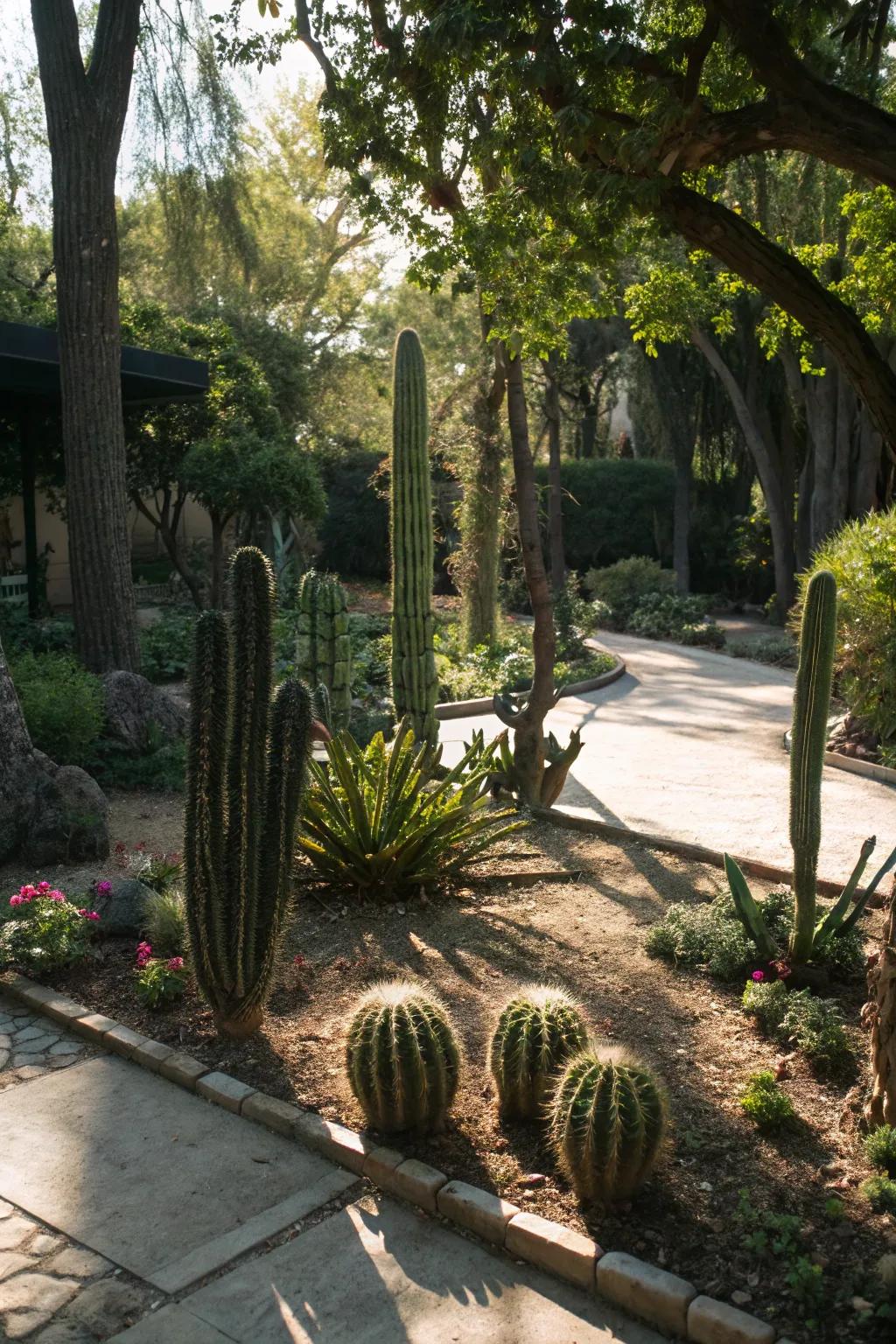 Cacti prospering in bright spots within a shaded area of the garden.