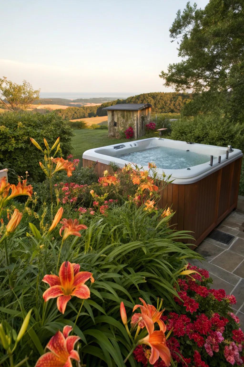 Vibrant flowers bring color and life to your hot tub oasis.