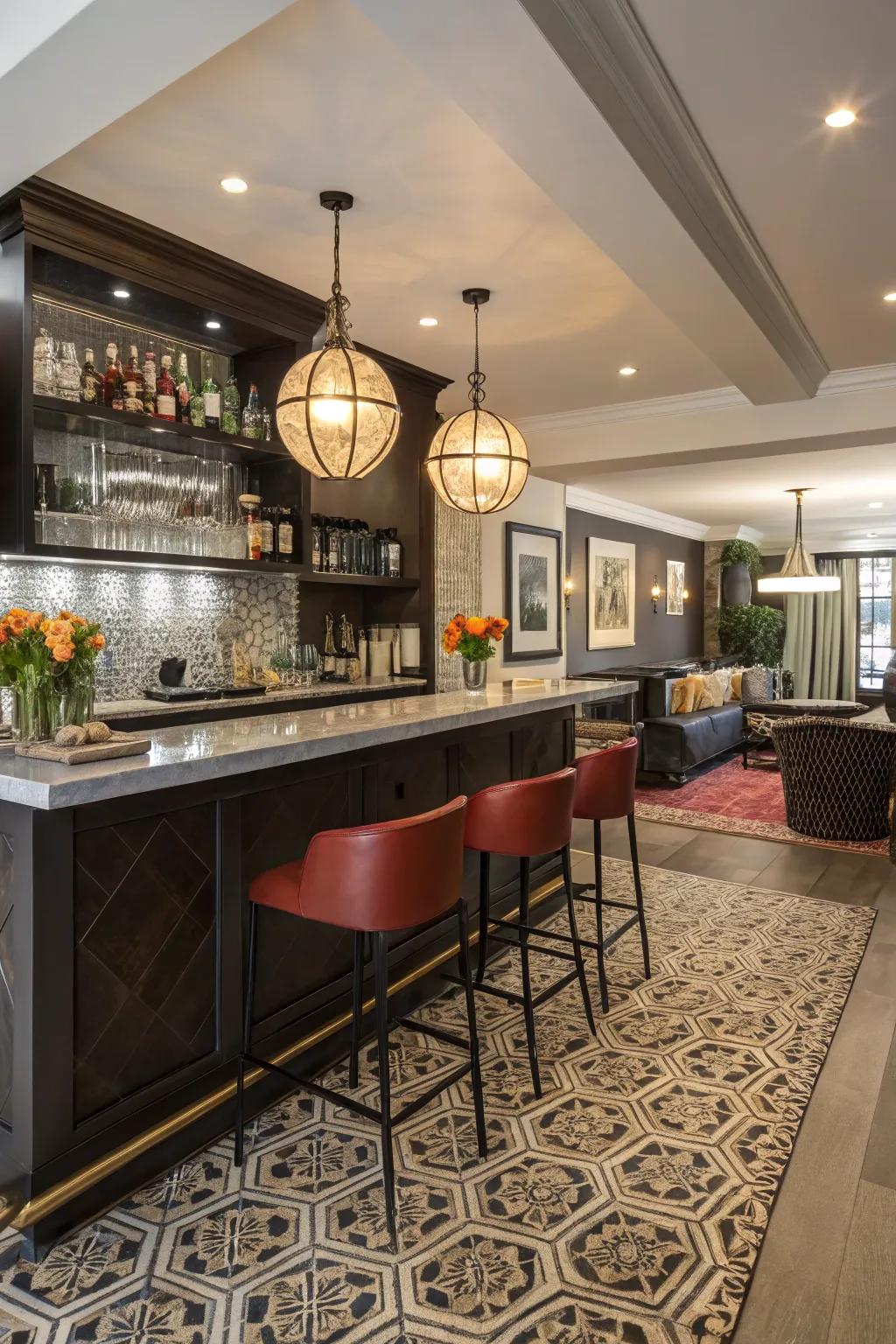 Bold flooring patterns make a striking statement in your bar.