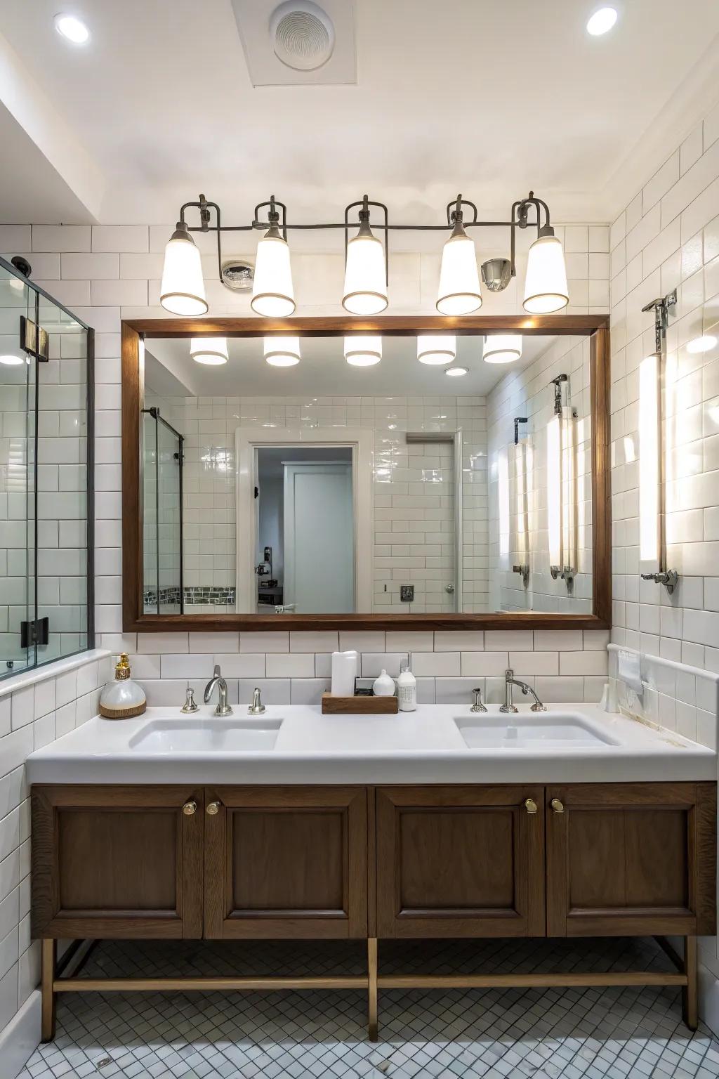 Mirrored fixtures amplify light and space in the bathroom.