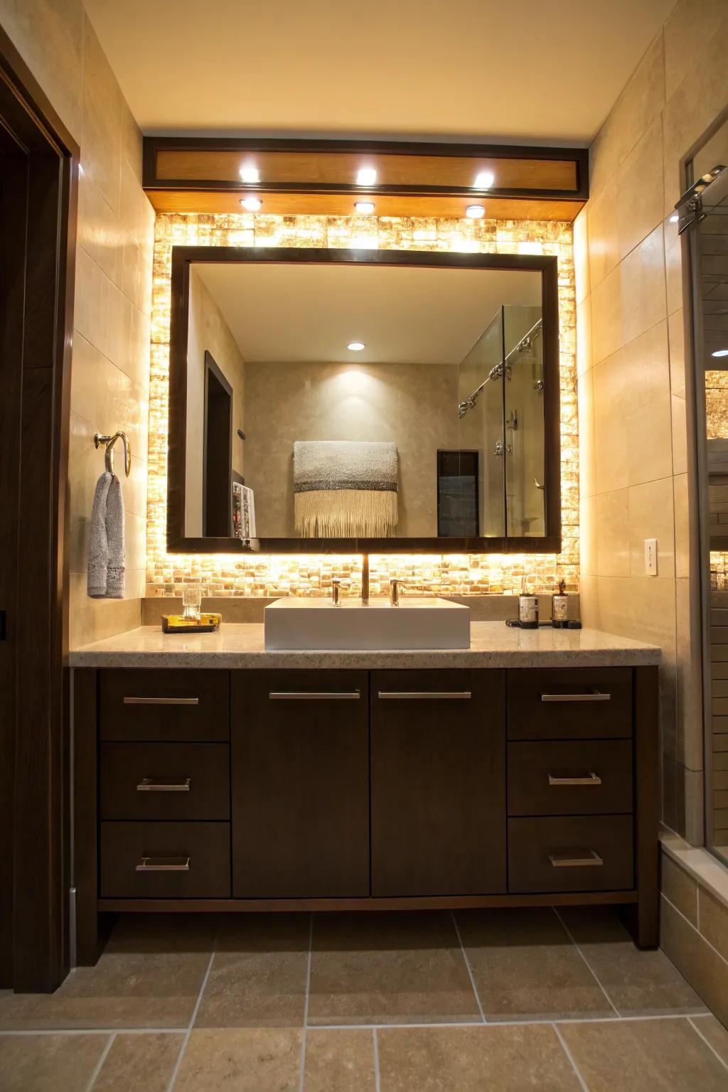 LED lighting creates a breathtaking backsplash effect.