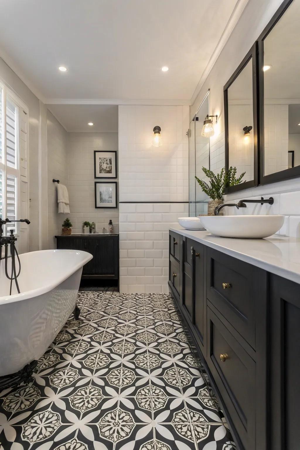 Monochrome durable flooring introduces timeless sophistication to this elegant bathroom.