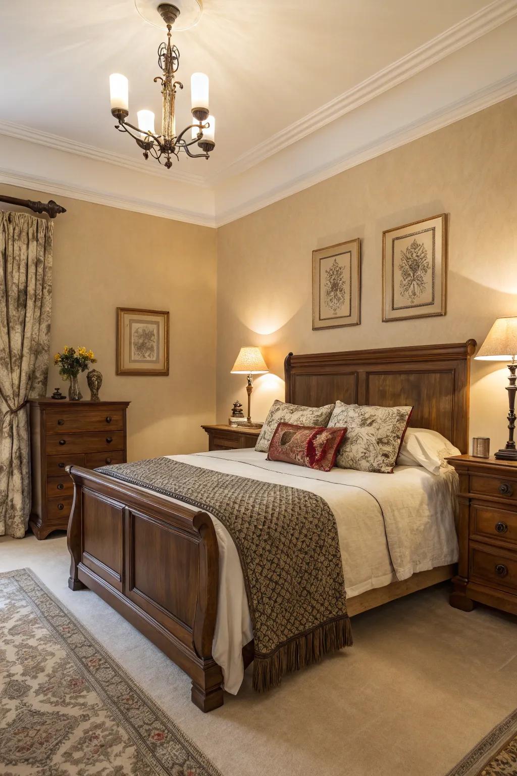 A classic bedroom with beige walls that offer warmth and timeless appeal.