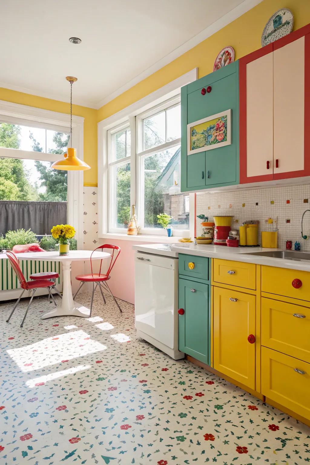 Eco-friendly kitchen featuring chic linoleum floors