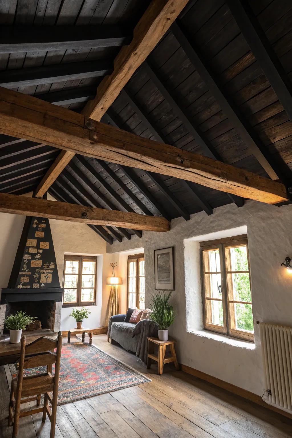 A rustic room where a black ceiling adds warmth and charm.