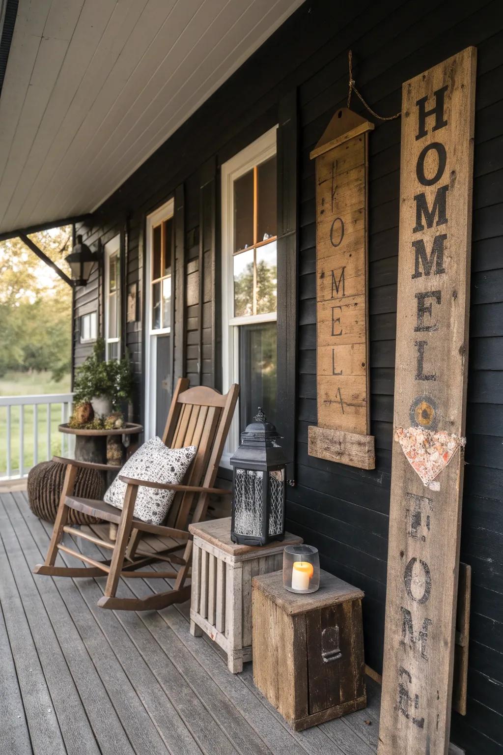 Rustic wooden signs and furniture appending warmth to a dark porch.