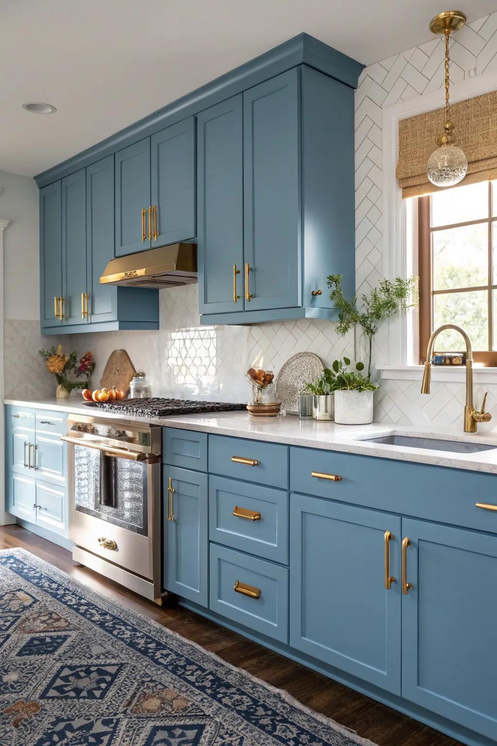 A luxurious feel with blue cabinetry and gold accents.