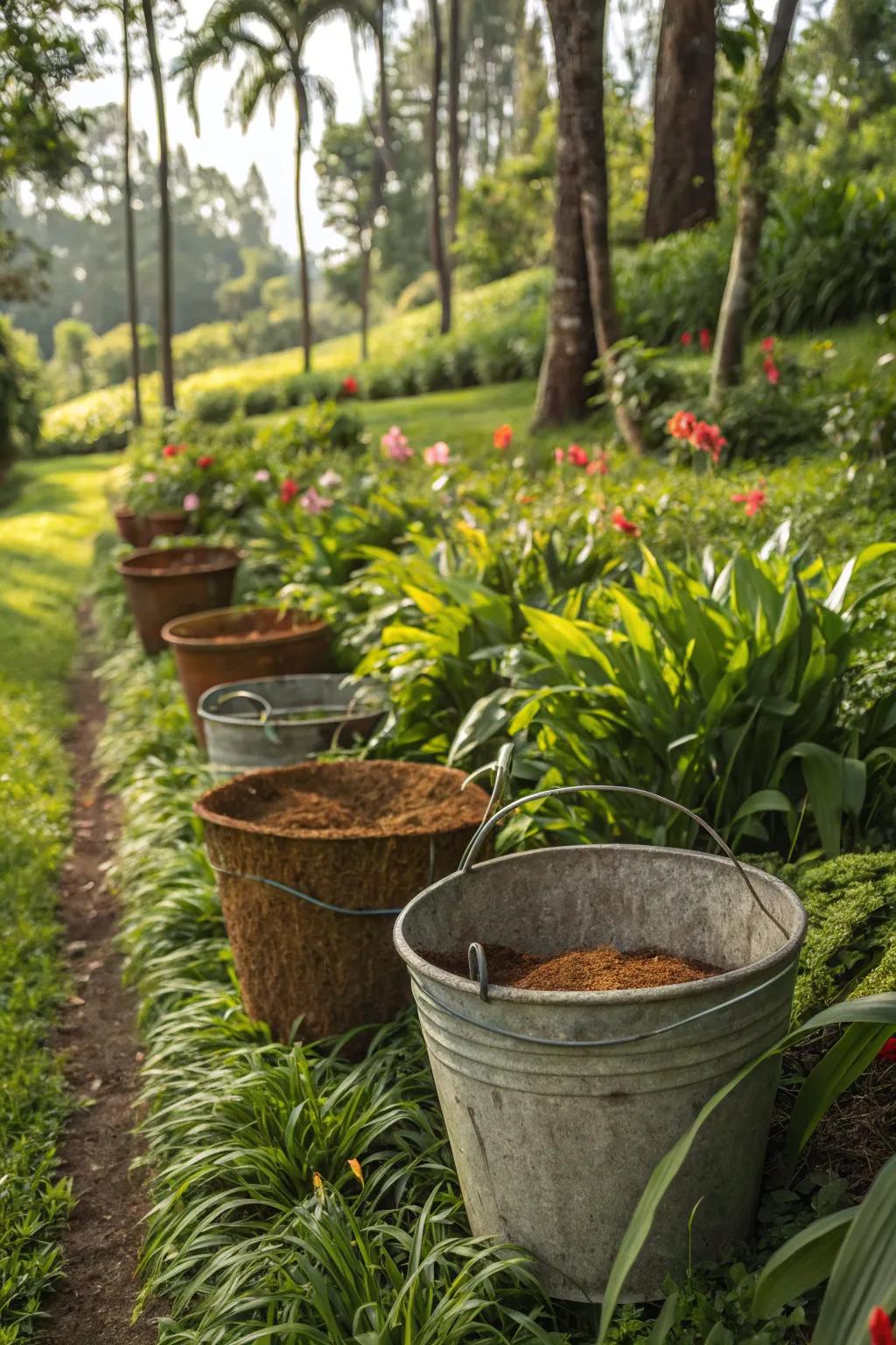 Buckets lined with coconut coir enhancing plant growth and moisture retention.