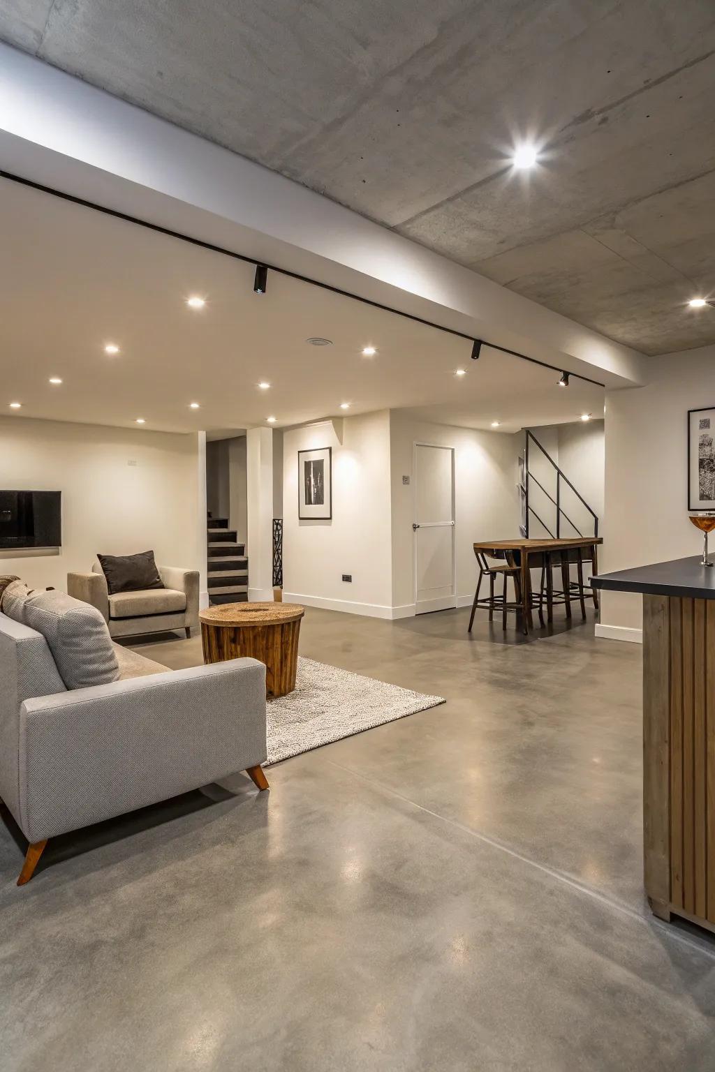Protected ground offers a sleek and minimalist flooring choice for modern basements.