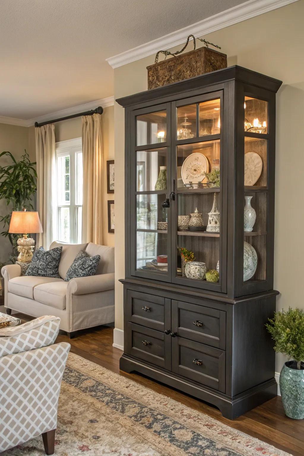 A multi-functional display case that serves both storage and decorative purposes.