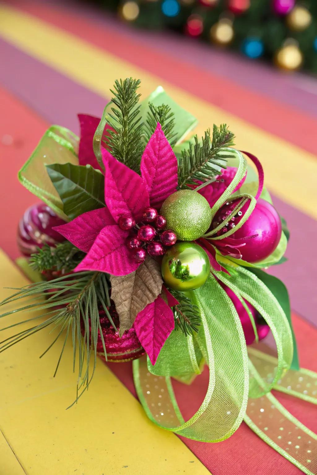 A bold Christmas corsage with vibrant colors.