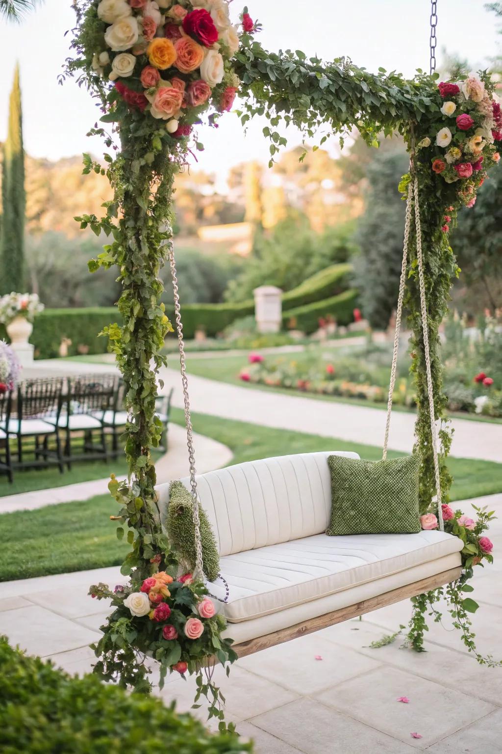 A cushioned swing provides a whimsical and cozy nook.