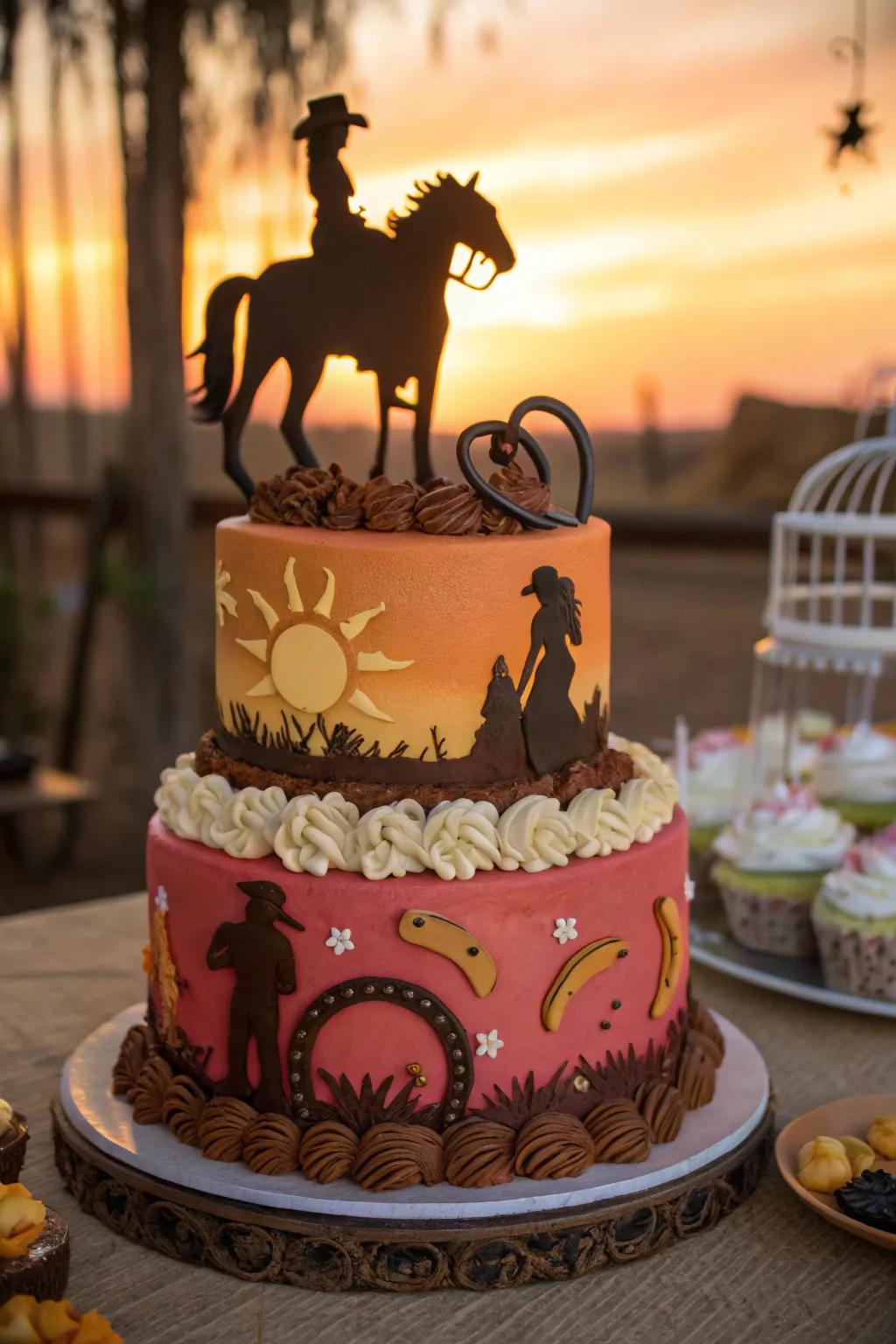 A sunset outline captures the serene splendor of the Western landscape on this cake, creating a tranquil and picturesque scene.