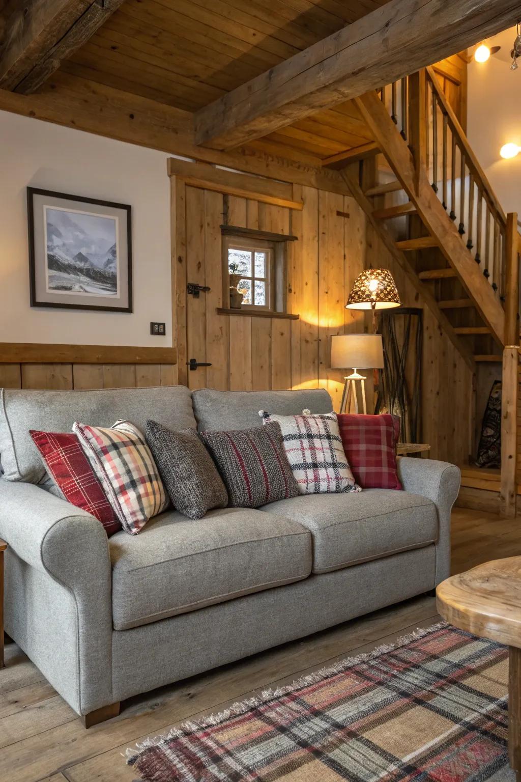 Tartan pillows introduce countryside charm onto a charcoal sofa.