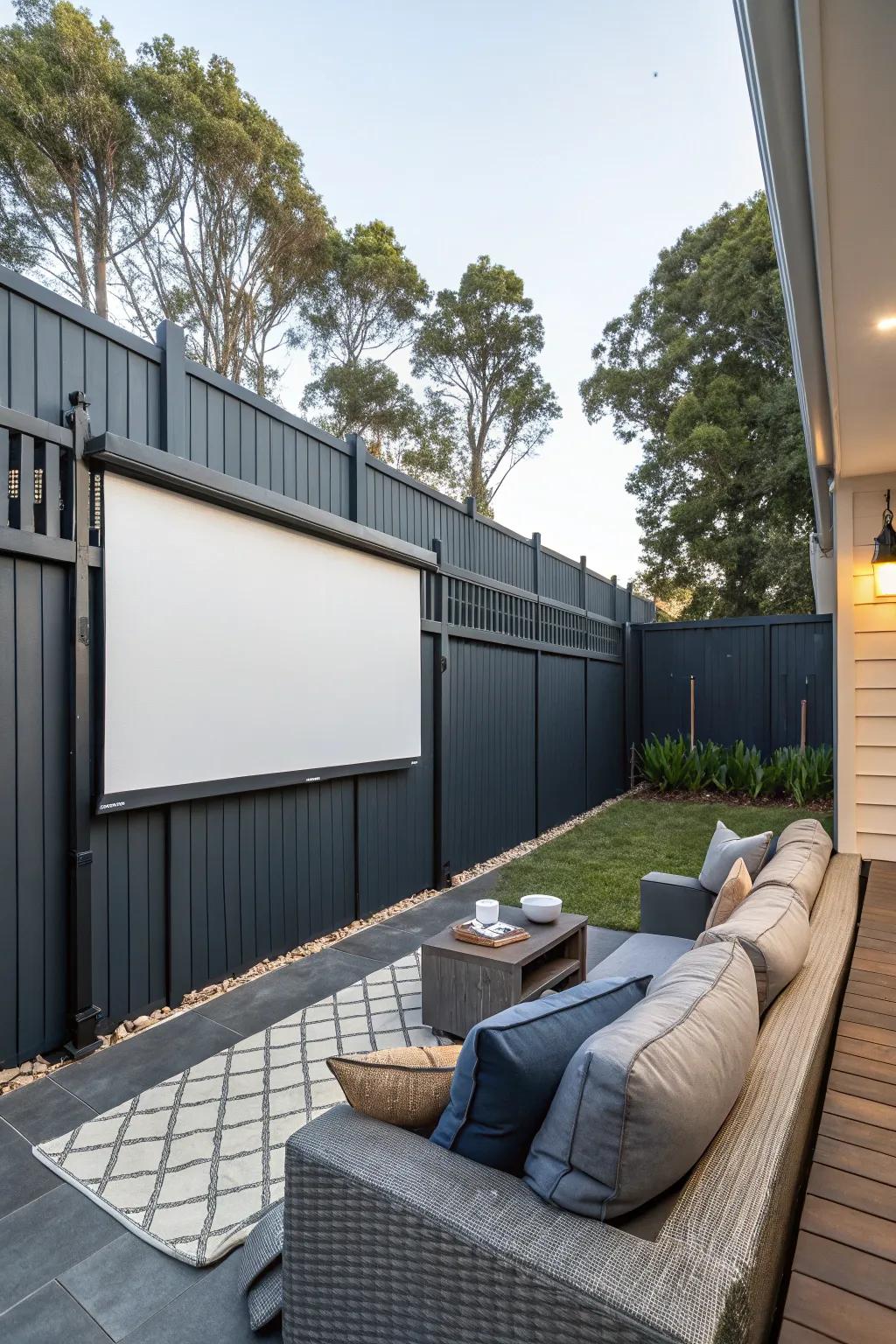 An outdoor entertainment zone with a deep charcoal barrier and a projector screen for movie nights.