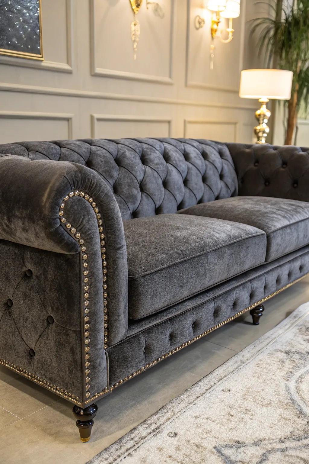 Velvet upholstery brings glamour and luxury to a grey sofa.