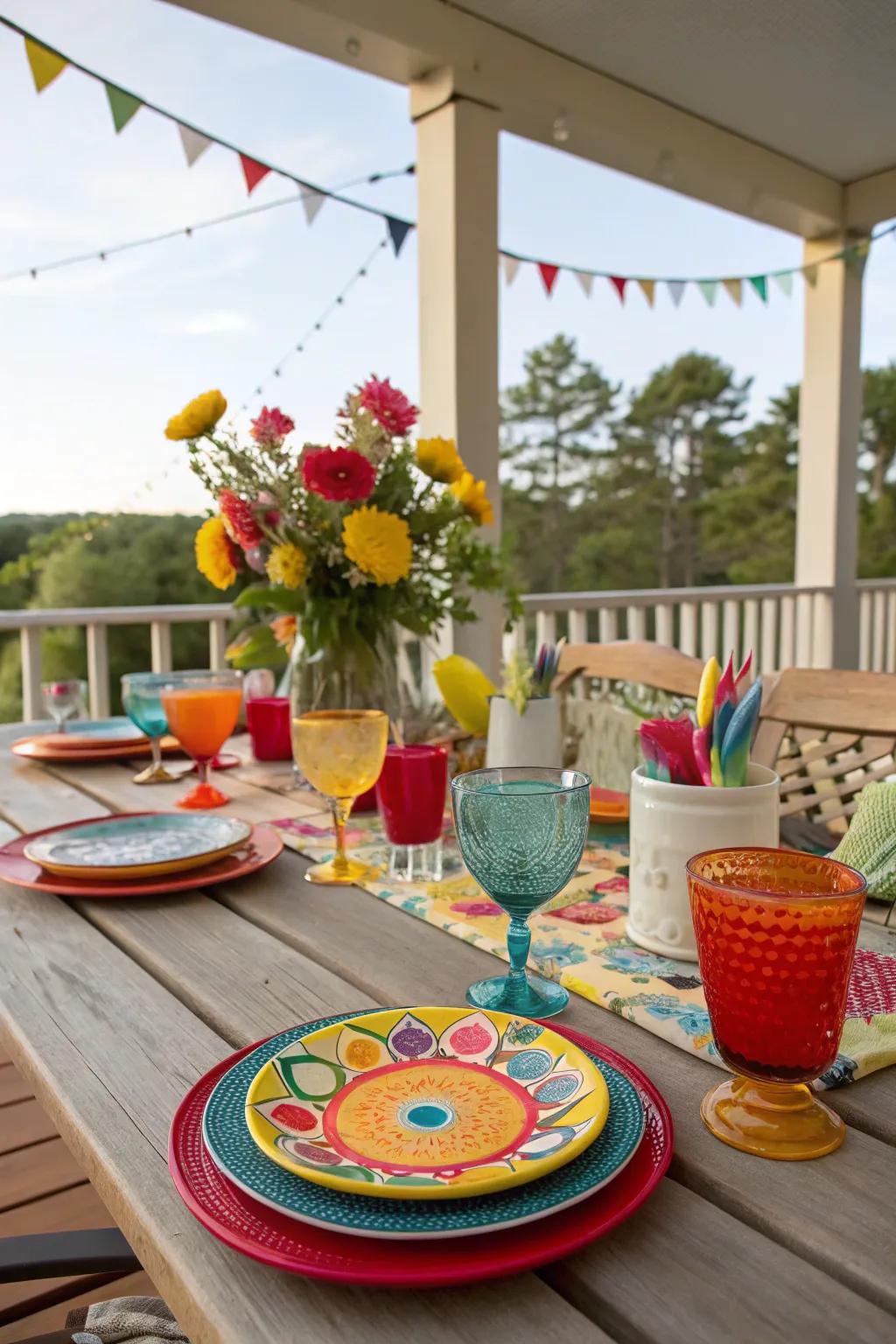 Vibrant tableware adds a pop of color to your deck decor.