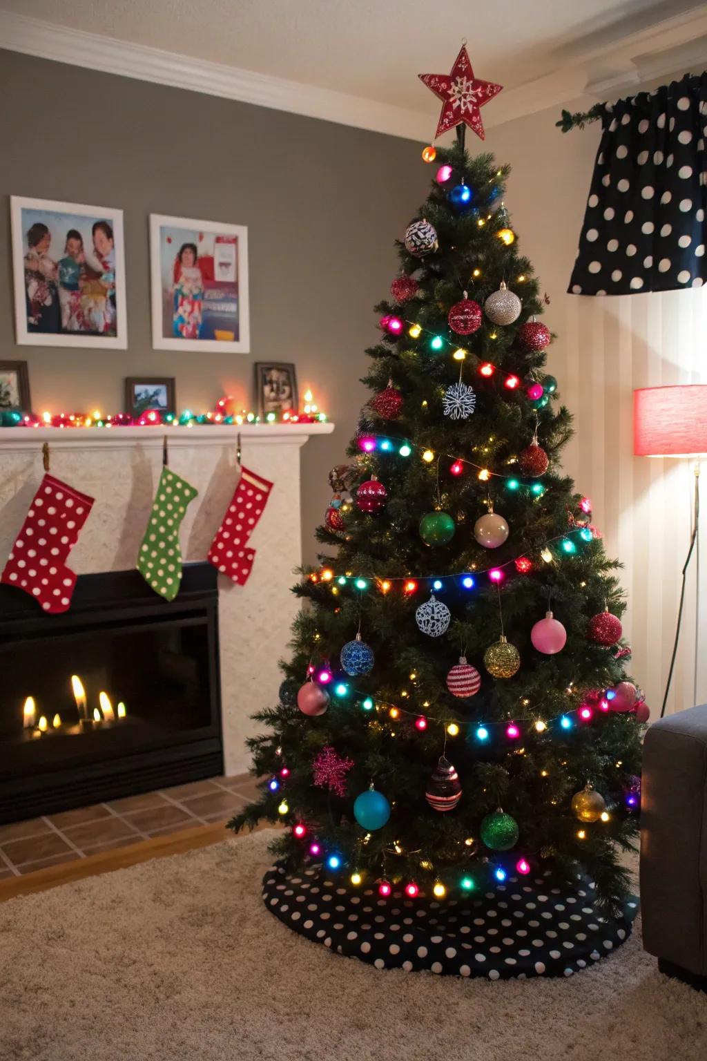 An ebony tree showcasing playful patterned decorations.