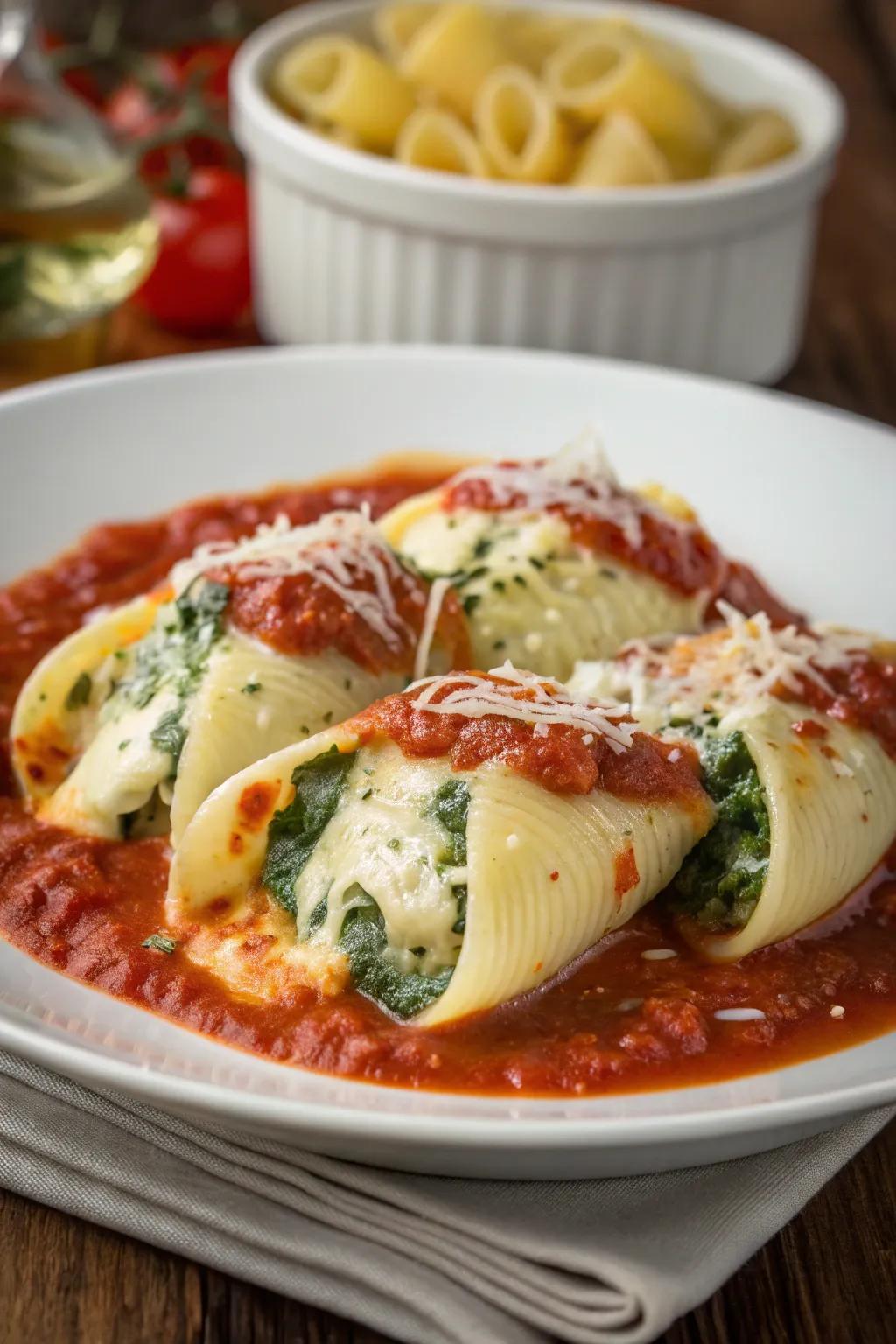 Spinach and ricotta stuffed shells with marinara sauce, a comforting dish for family gatherings.