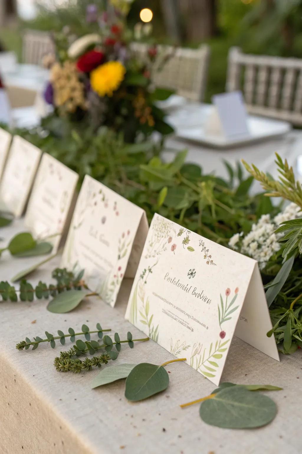 Seed paper place cards offer a sustainable and memorable touch.