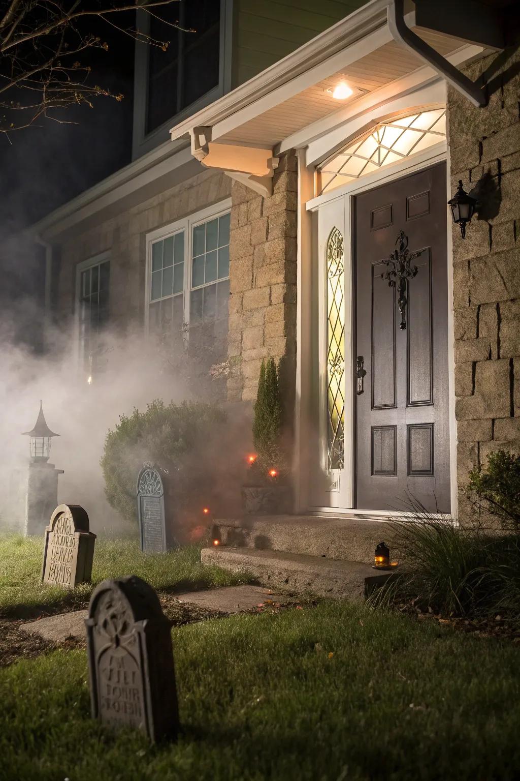 A misty graveyard ambiance sets the Halloween tone.
