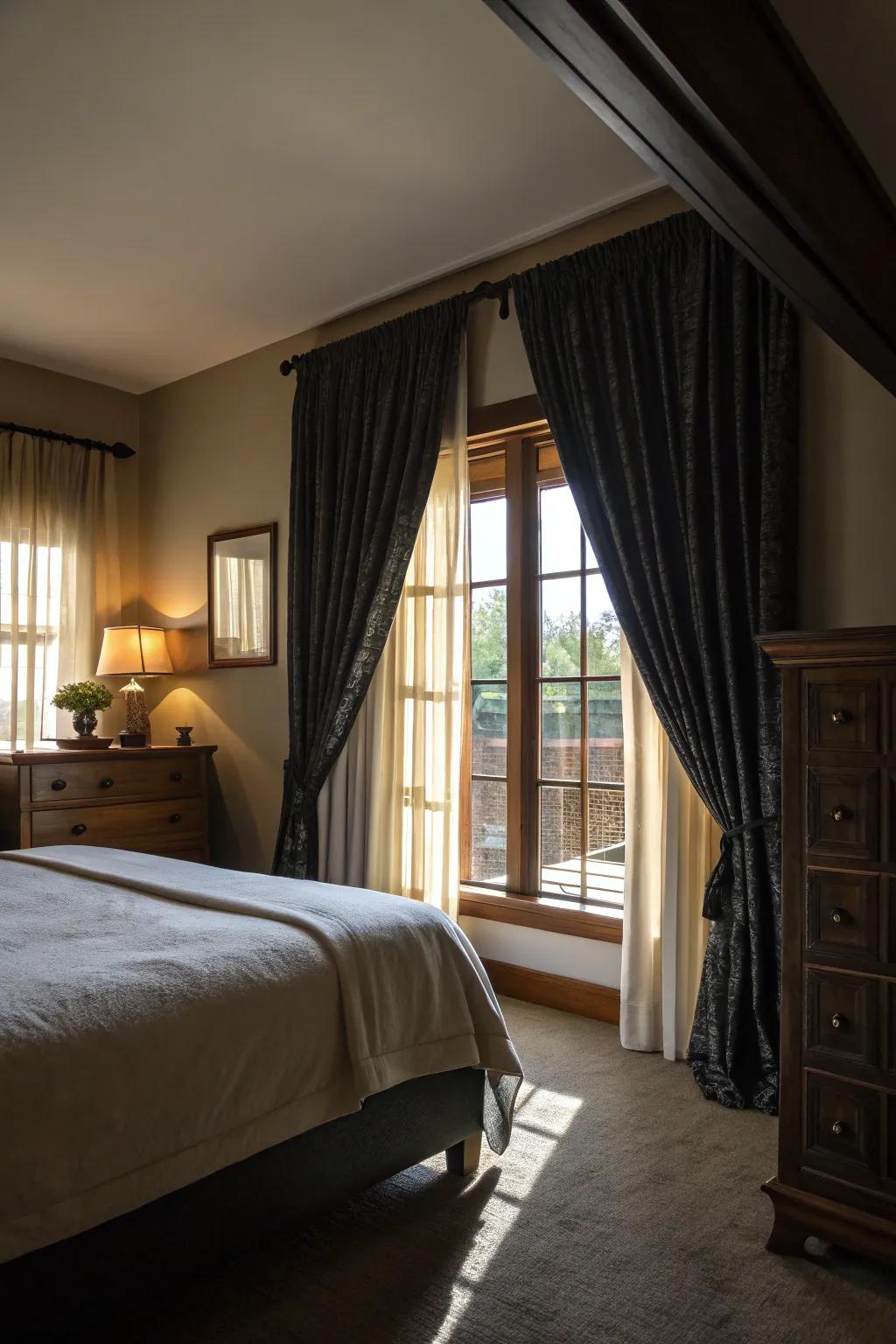 Weighty curtains enhance coziness and add dramatic flair.