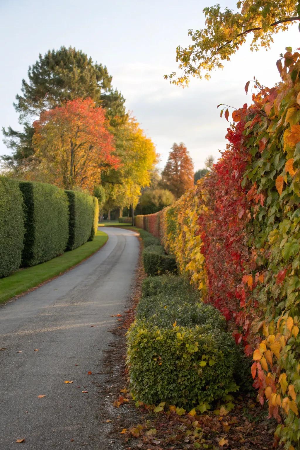 Colorful foliage hedges injecting vibrancy and splendor into a driveway.