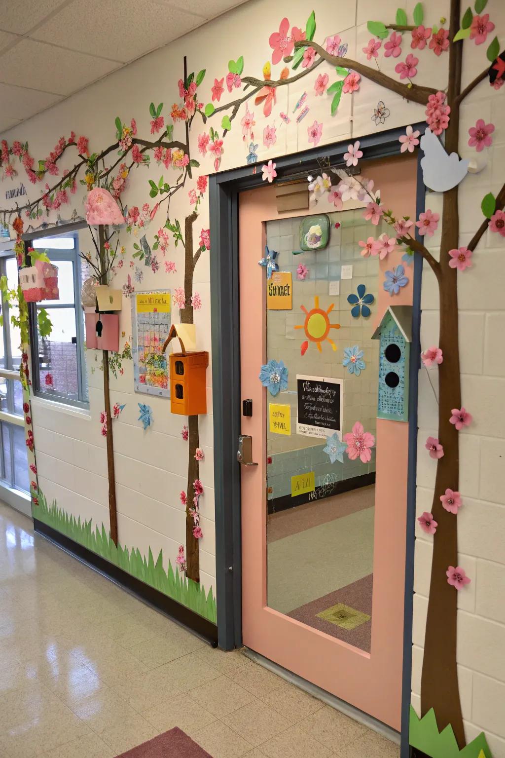 Birdhouses and blossoms bring a lively spring scene to this classroom door.