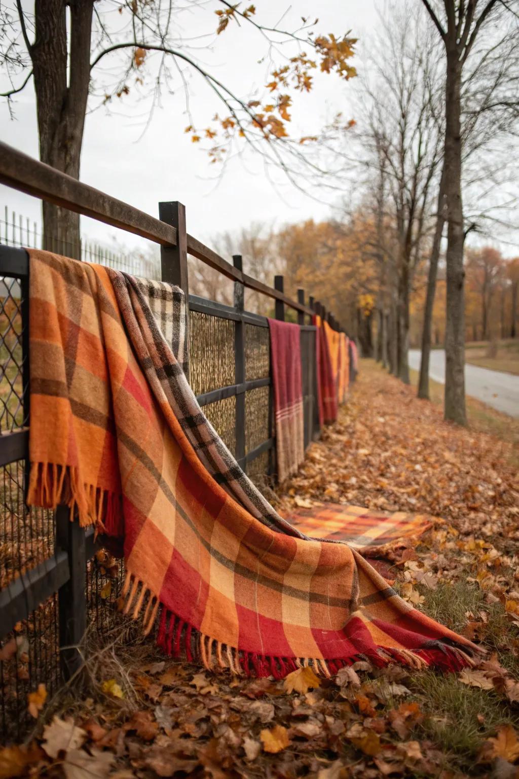 Plaid textile in autumn shades contributes a snug visual to the fence.