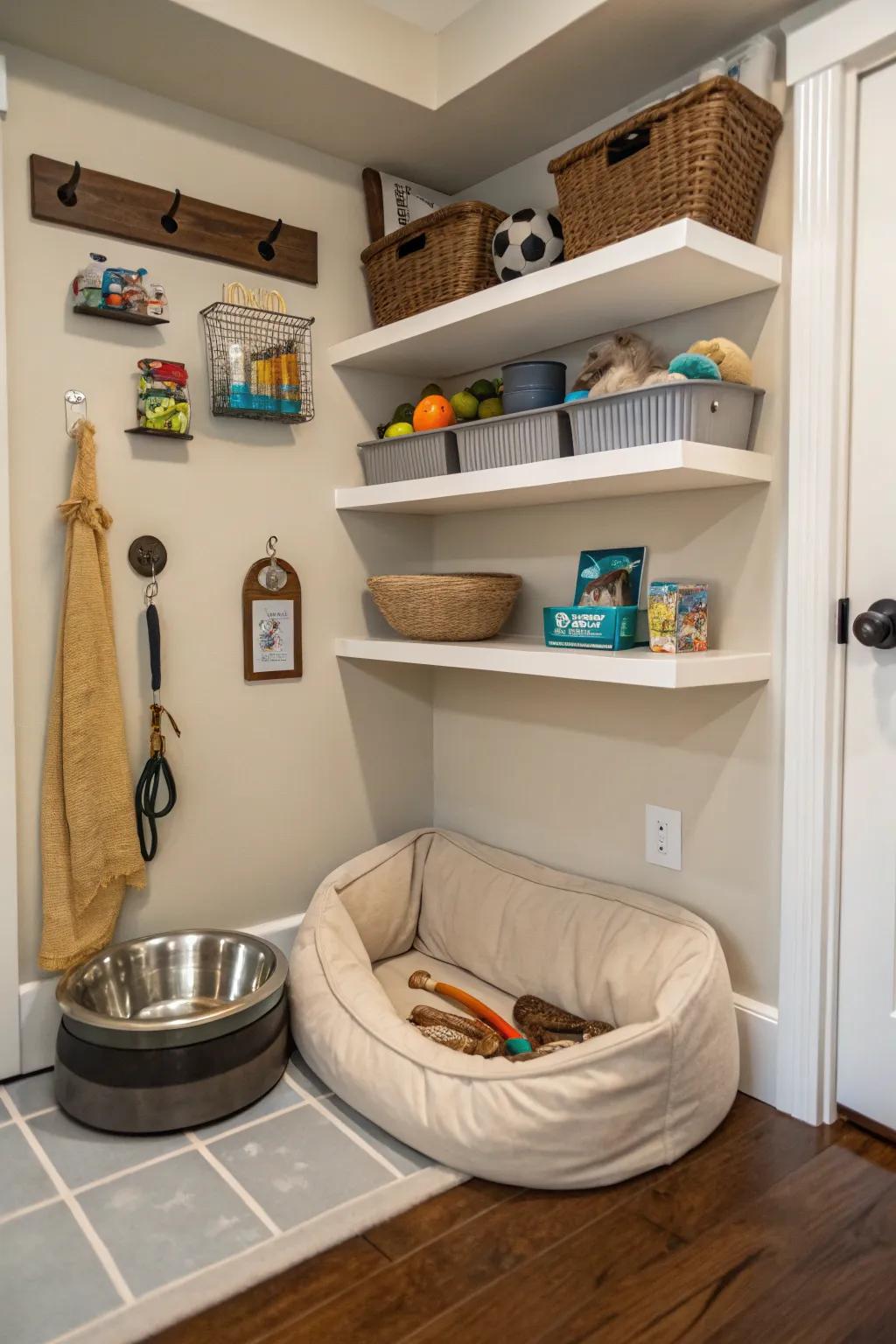 Floating shelves crafting a neat and chic pet nook.