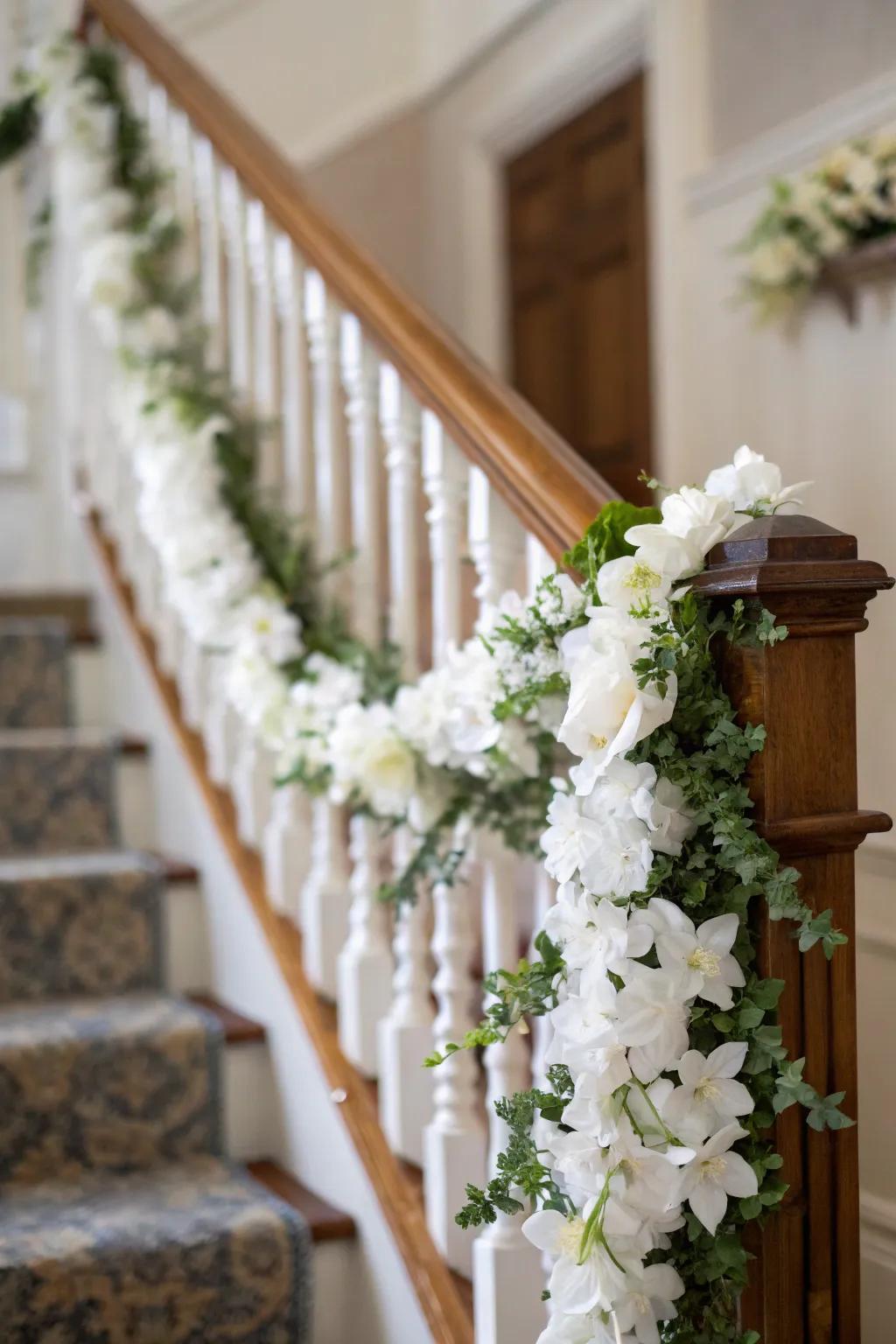 A white flower garland creating a grand staircase entrance.
