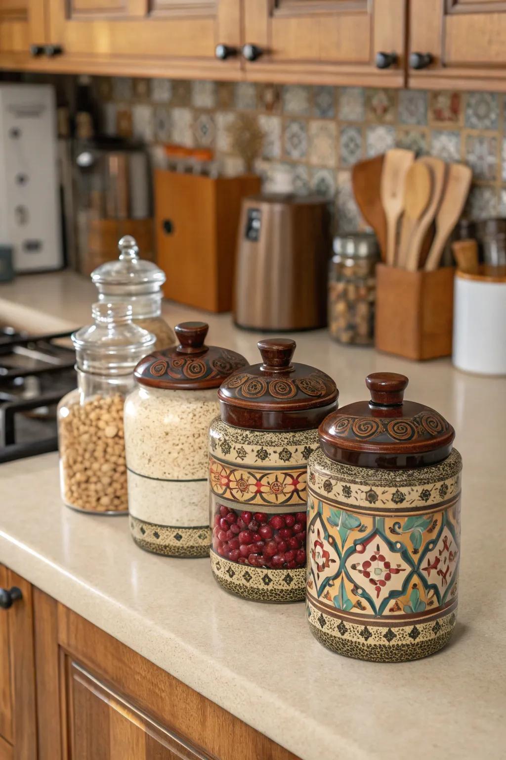 Decorative jars enhance both style and functionality in the kitchen.