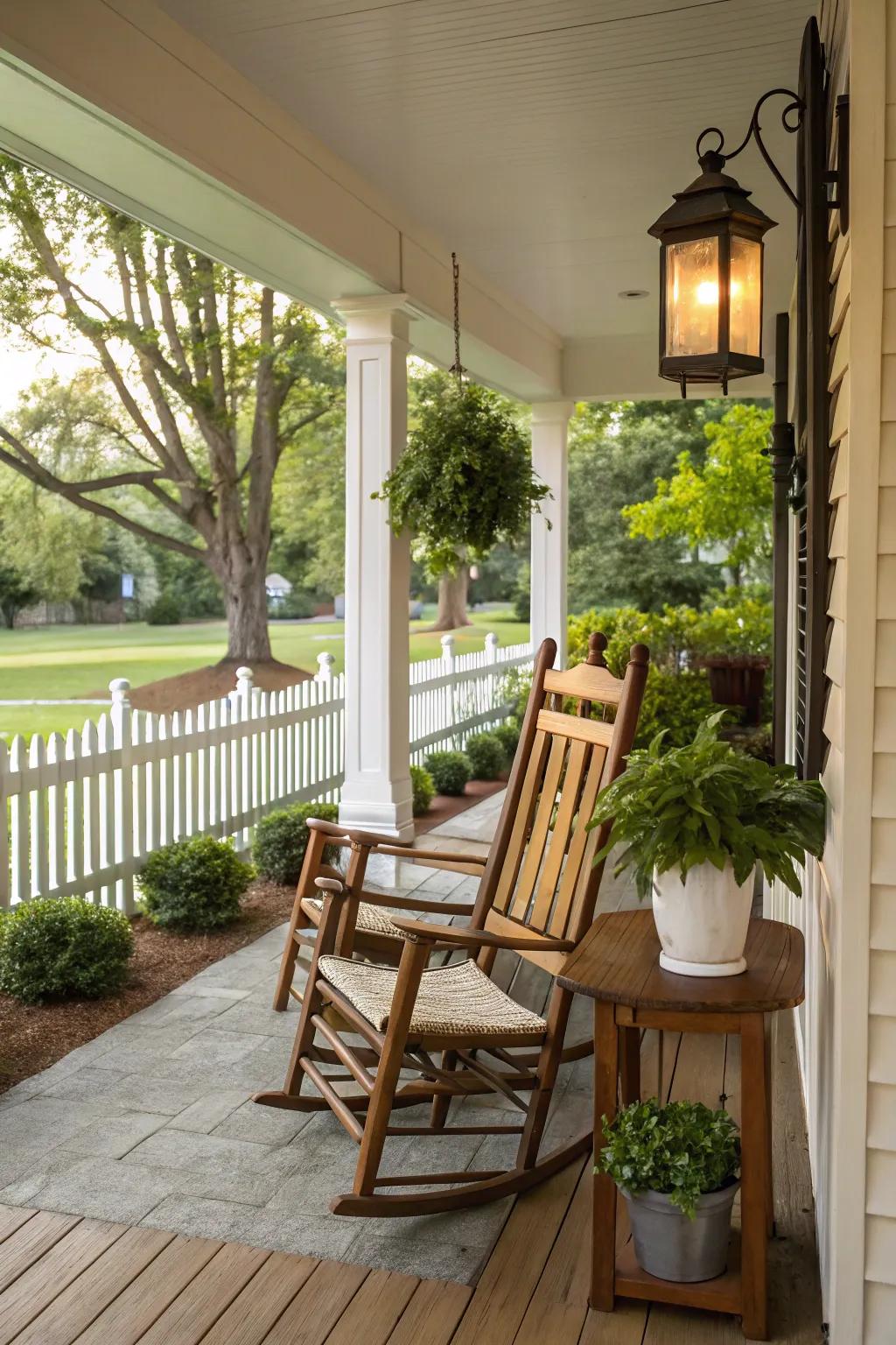 Wooden rocking seats on a front porch.