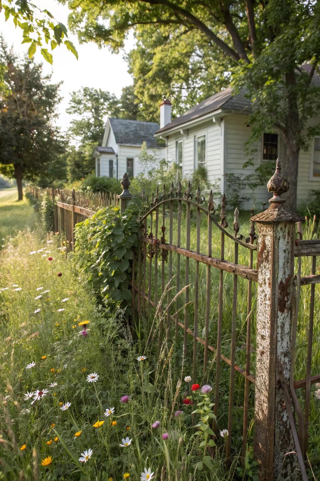 A weathered, rustic wrought iron fence adding charm to a country home.