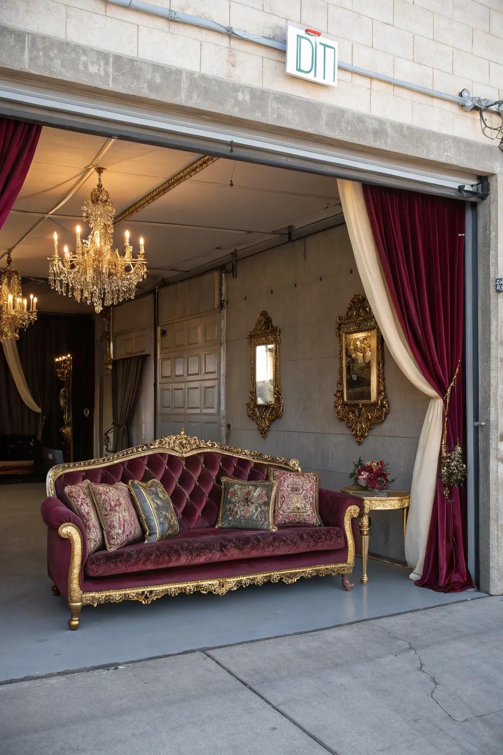 A lavish velvet sofa adds opulence and glamour to your garage.